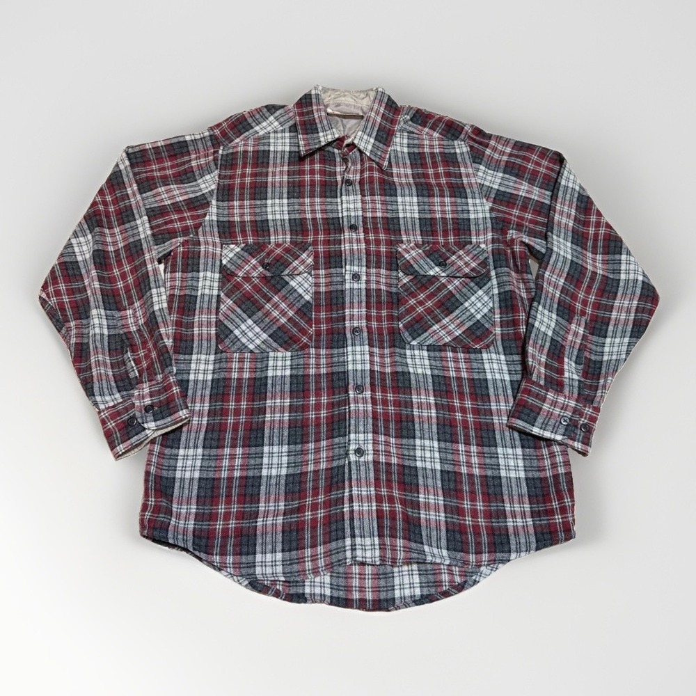 Sears Roebuck Shirt Medium M Vintage Plaid Flannel Red Gray wool Acrylic Nylon